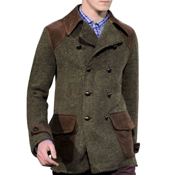 Vintage Herringbone Wool And Suede Patchwork Double-Breasted Casual Coat 49661635XL