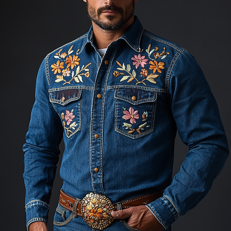 Men's Western Cowboy Style Embroidered Lapel Chest Pocket Long Sleeve Denim Shirt 10549958Z