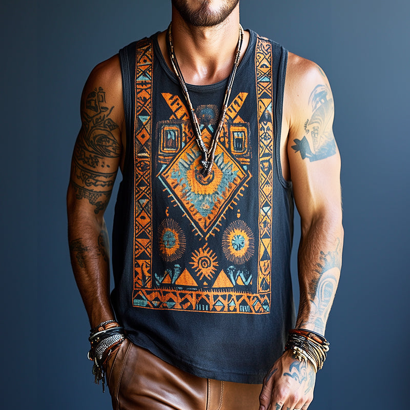 Men's Retro Casual Ethnic Style Geometric Print Round Neck Tank Top 25678966TO