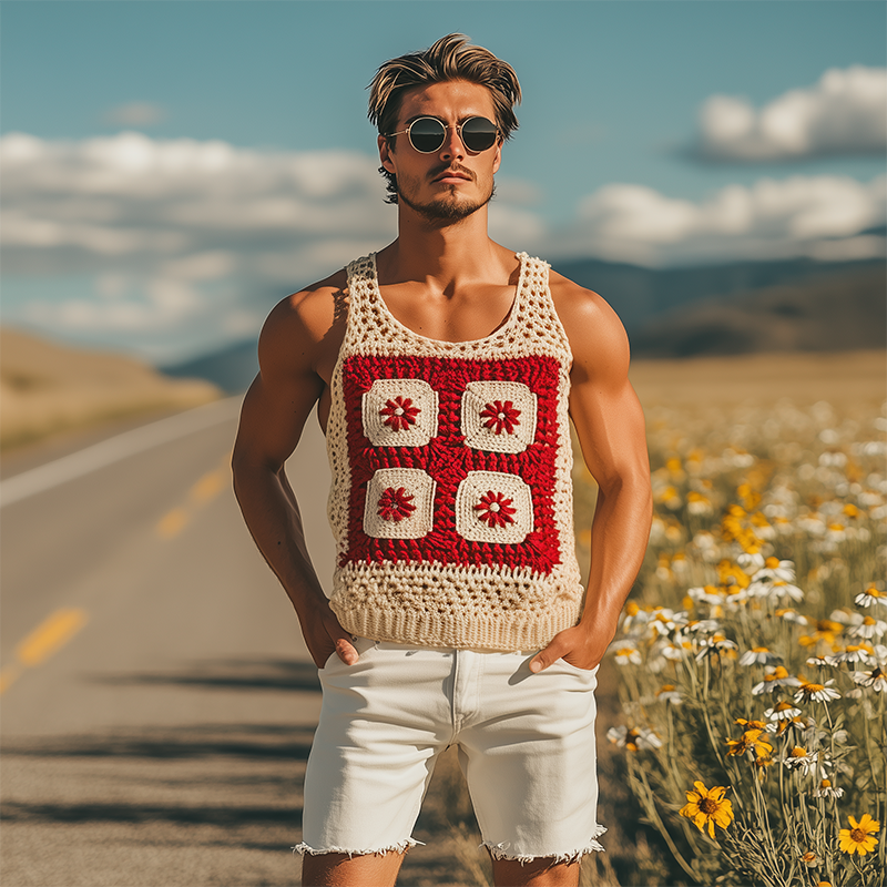Men's Summer Fashion Casual Hollow Crochet Flower Knitted Tank Top MTA2773F5K