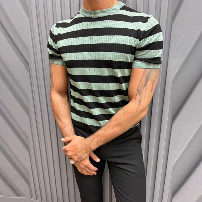 Men's Casual Contrast Color Striped Breathable Knitted Round Neck Short Sleeve Sweater T-Shirt MTA2556C4M