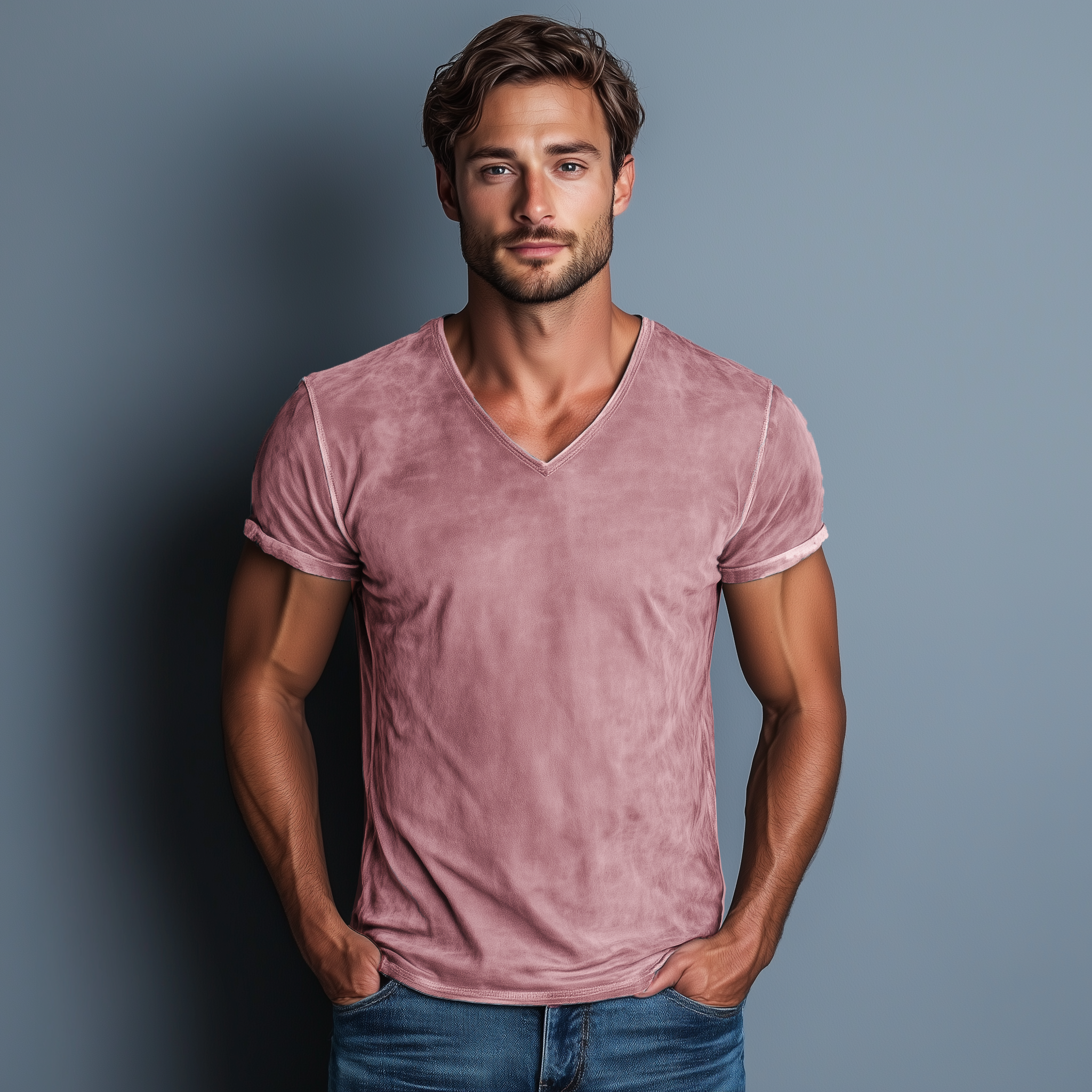 Men's Classic Casual Thin Suede Washed Distressed V-neck Slim Short-sleeved T-shirt MTA1920G5K