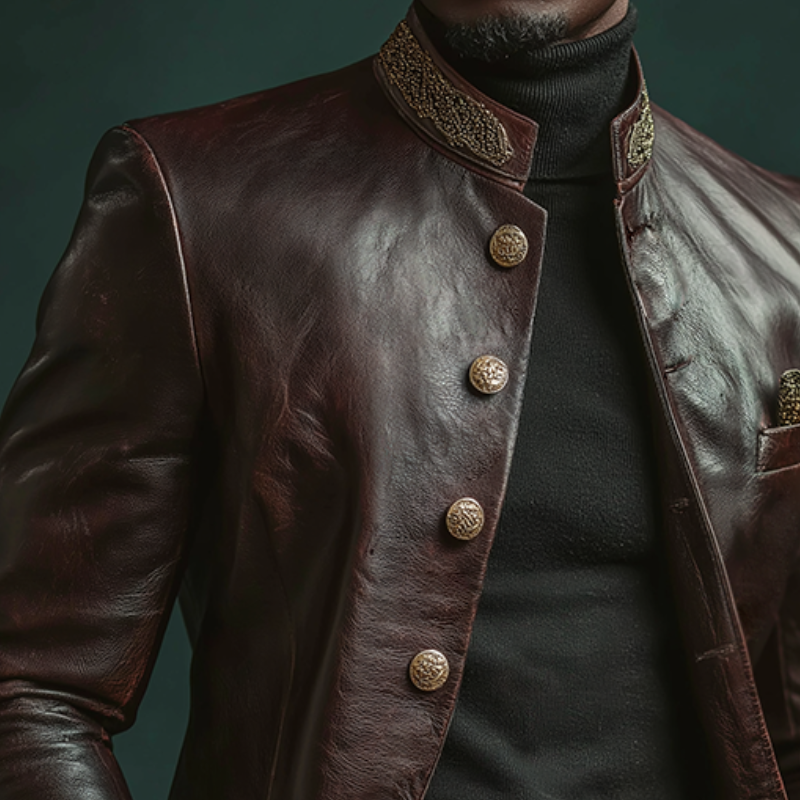 Men's Retro Casual PU Embroidered Stand Collar Leather Jacket MTA2763K0TO