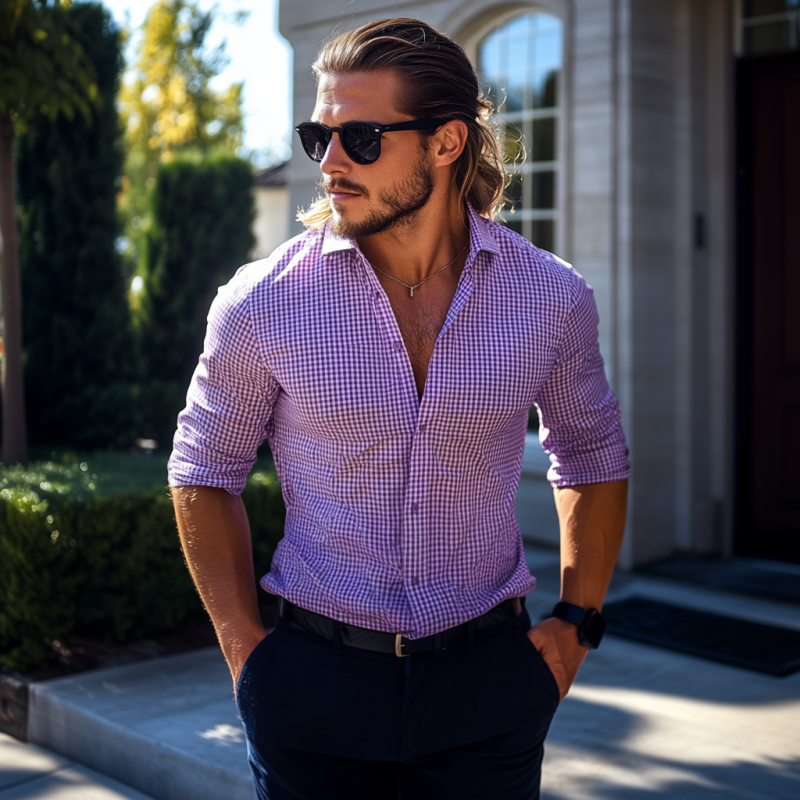 Men's Vintage Cotton Check Lapel Slim Fit Long Sleeve Shirt MTA1246E5M