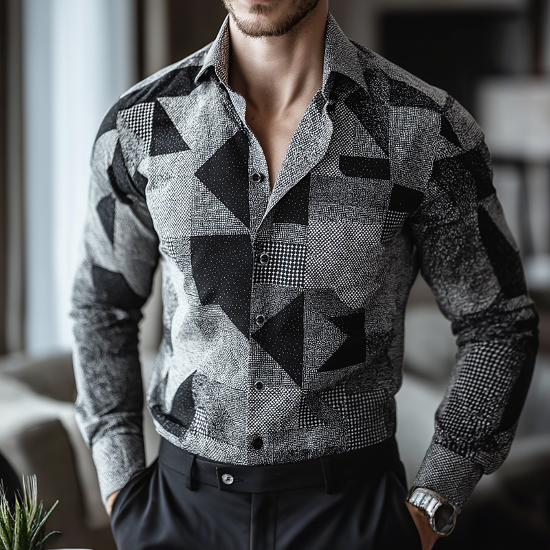 Men's Retro Casual Geometric Cycle Print Lapel Long Sleeve Shirt MTA2847G2TO