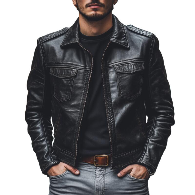 Men's Vintage Fashion Solid Color PU Lapel Zipper Placket Slim Fit Motorcycle Jacket MTA2769H6M