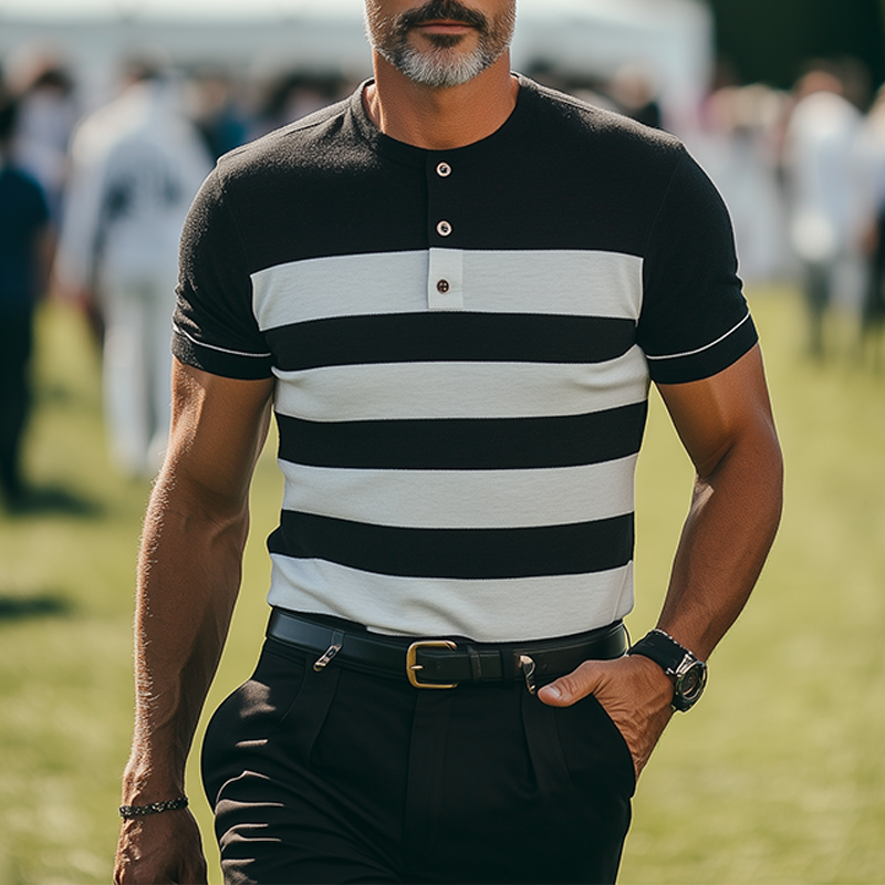 Men's Spring And Summer Fashion Casual Henley Collar Slim Fit Horizontal Striped Knitted Short Sleeve T-shirt MTA1904E0K