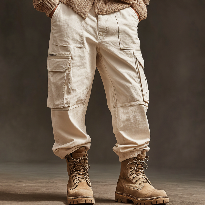 Men's Classic Beige Cotton Blend Elastic Waist Cargo Pants MTA3027J7U
