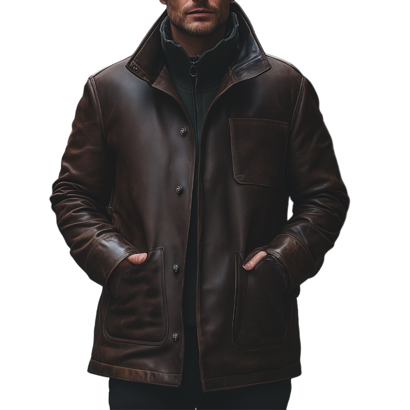 Men's Vintage Distressed Single-breasted PU Mid-length Coat MTA0852I8X