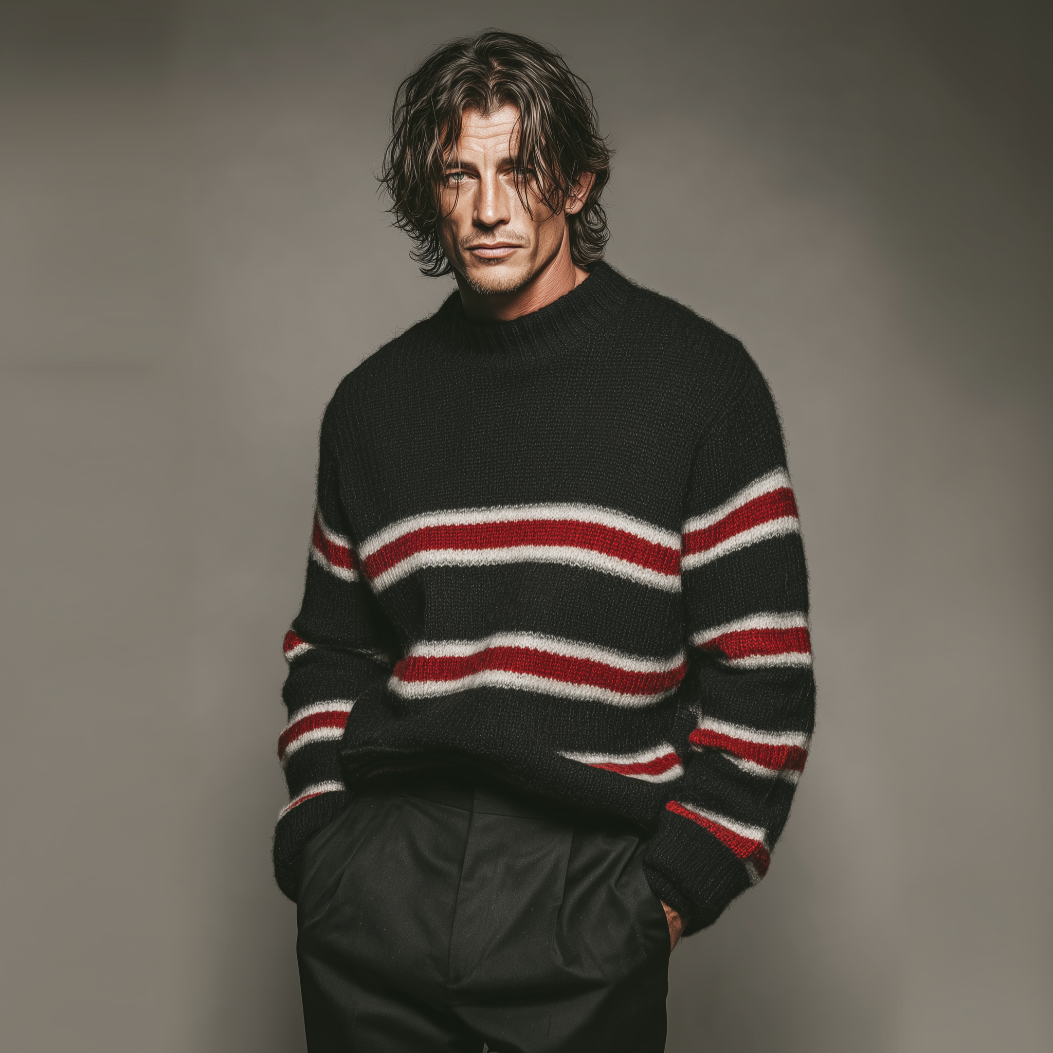 Men's Classic Casual Crew Neck Contrast Stripe Sweater MTA1835I3K