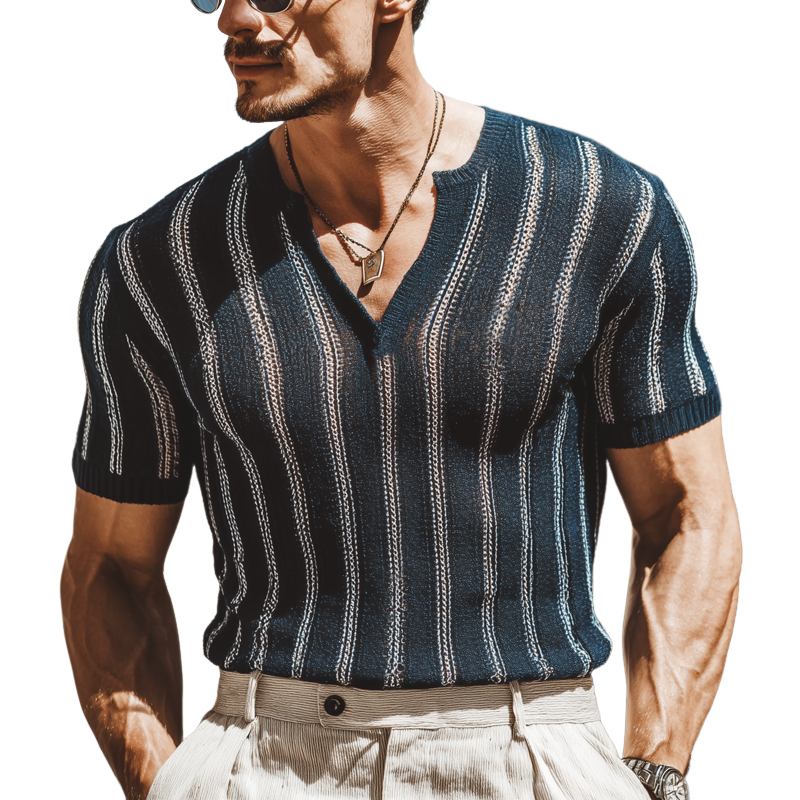Men's Summer Vertical Striped V-Neck Knitted Short-Sleeved T-Shirt MTA0919G6U