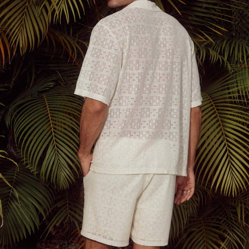 Men's Spring And Summer Fashion Casual Lace Sexy Micro-transparent Short-sleeved Shirt Shorts Set MTA0928G0K