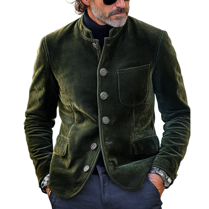Men's Vintage Velvet Solid Color Stand Collar Single Breasted Blazer MTA1965H8X
