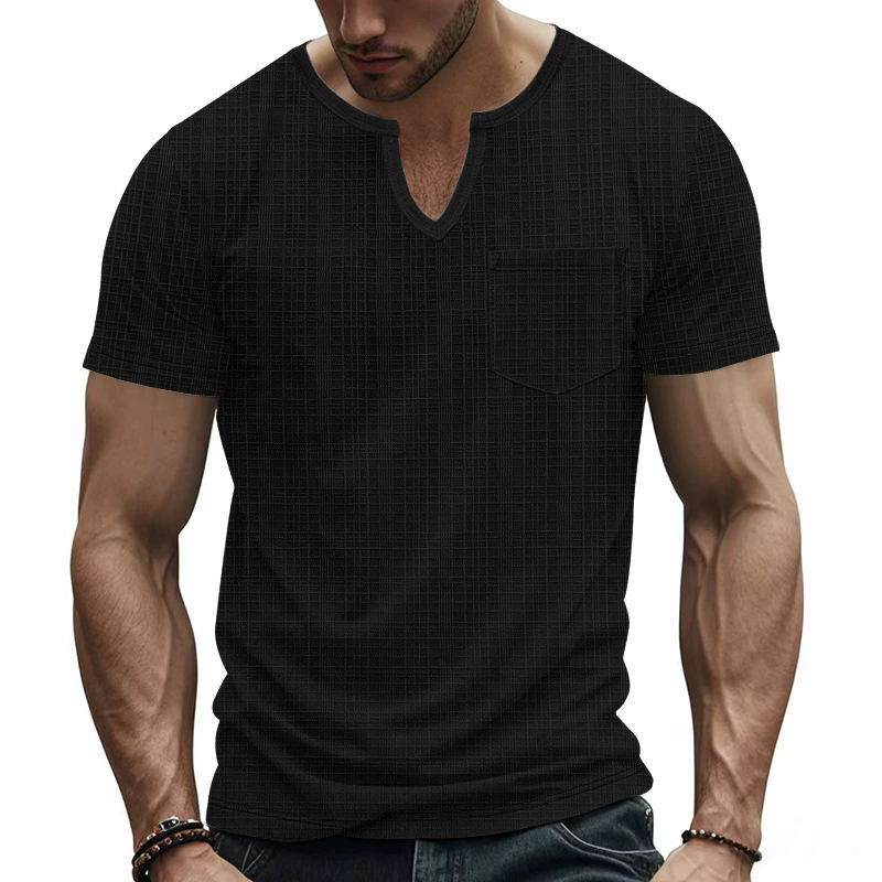 Men's Solid Color Plaid V Neck Short Sleeve T-shirt 62741460Z