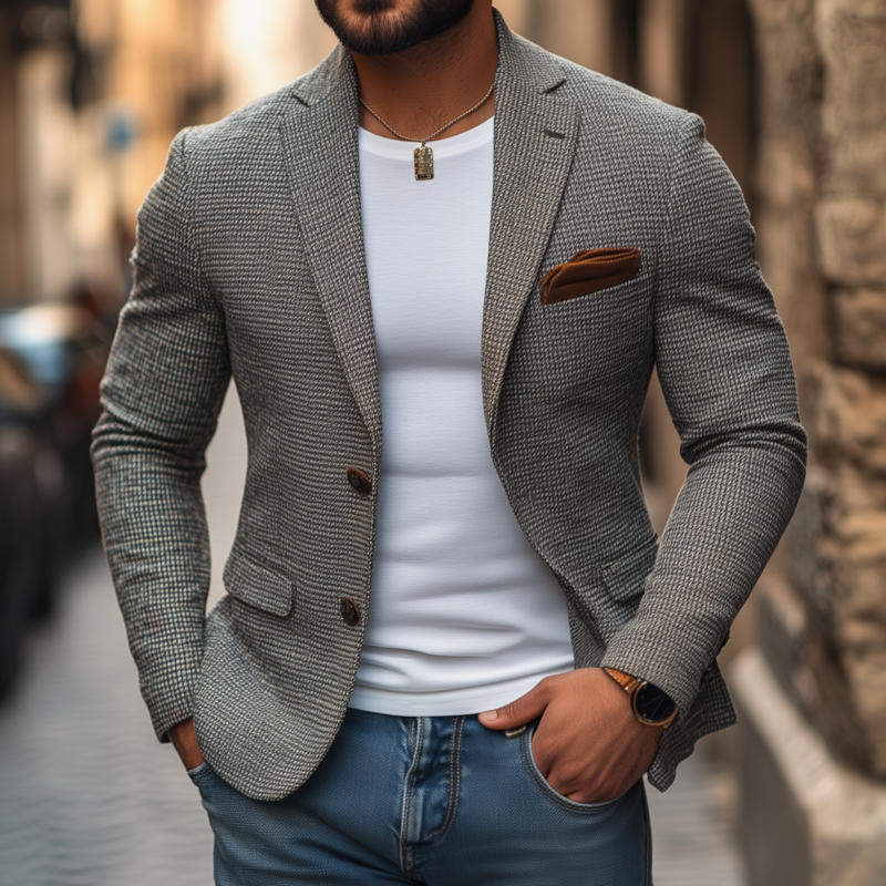 Men's Stylish Houndstooth Notch Lapel Single-breasted Slim-fit Short Blazer MTA1749G1M