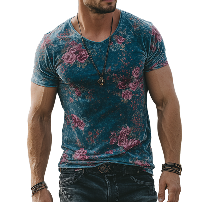Men's Retro Casual Rose Print Velvet Round Neck Short Sleeve T-Shirt MTA1052G2TO