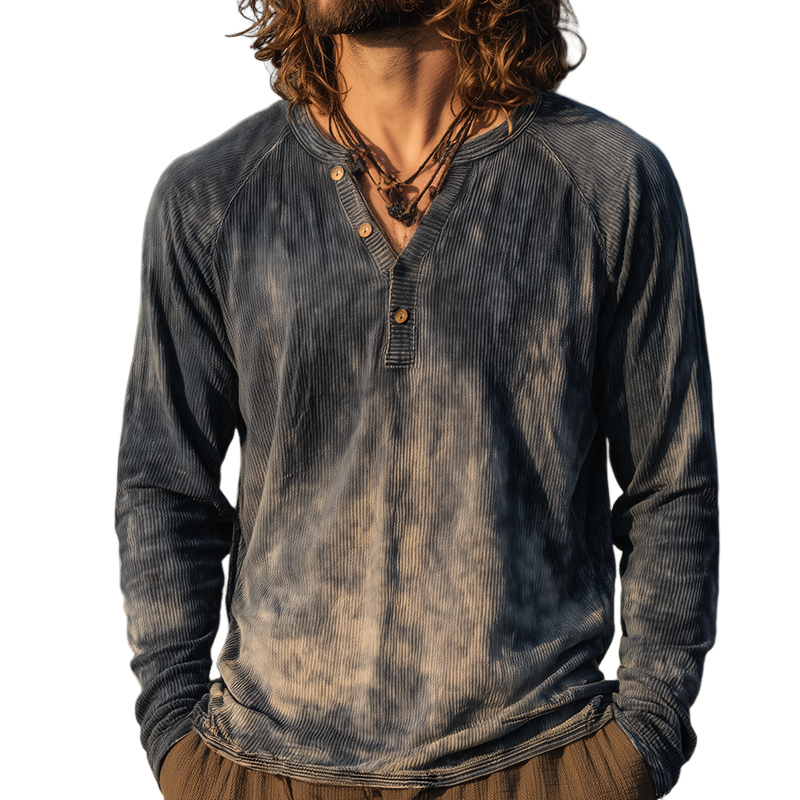 Men's Retro Casual Gradient Print Henley Neck Long Sleeve T-Shirt MTA0109H4TO