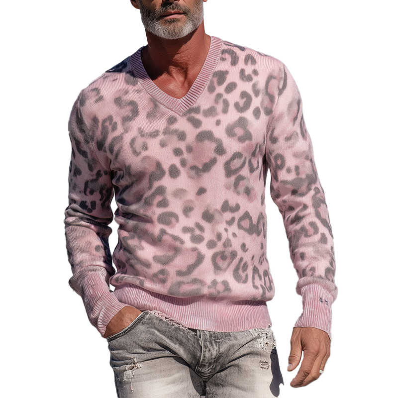 Men's Fashion Knitted Leopard Print V-Neck Sweater MTA1431H1P