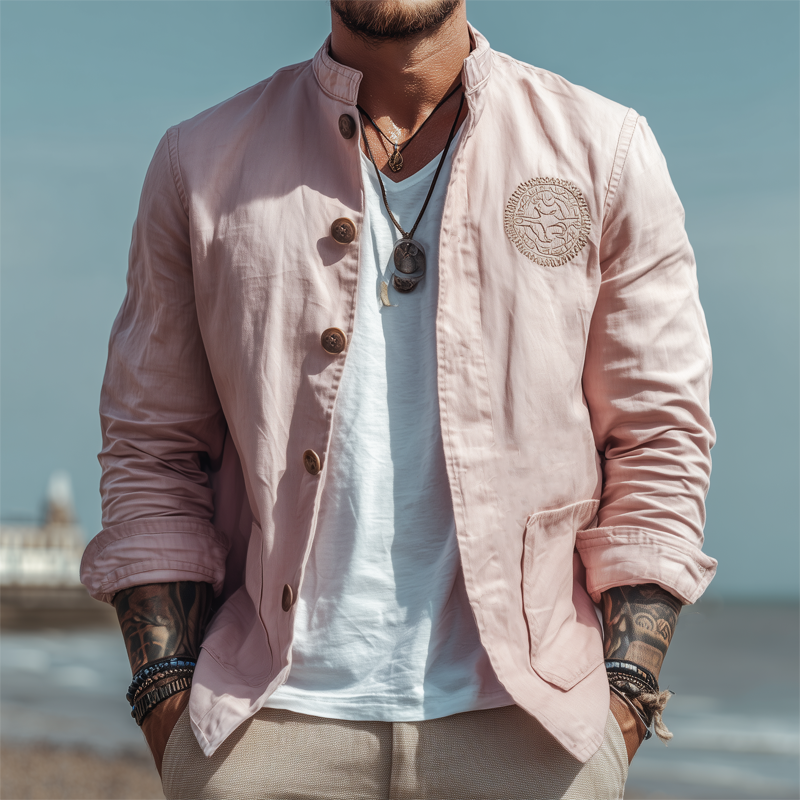 Men's Spring And Autumn Stand Collar Cotton Embroidered Button Jacket MTA0622H0U