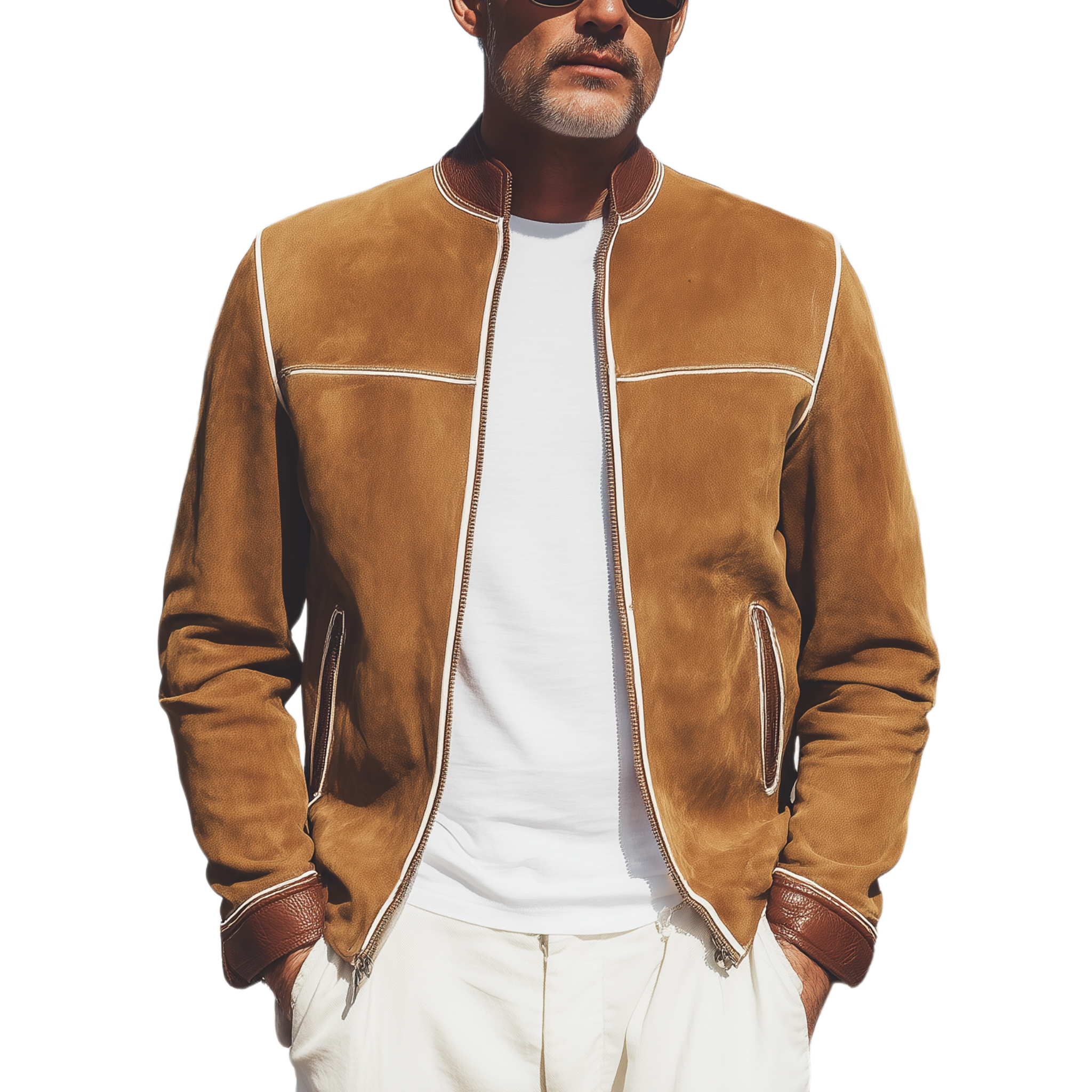 Men's Classic Casual Western Style Stand-up Collar And Cuffs PU Leather Zipper Suede Jacket MTA1566H1K