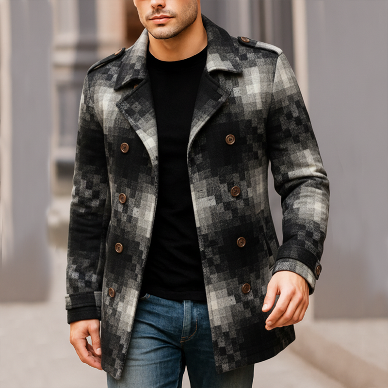 Men's Classic Graphite Check Double-breasted Faux Wool Short Coat MTA0848K8U