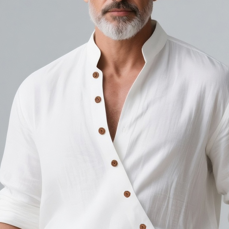 Men's Solid Color Cotton And Linen Slanted Placket Long Sleeve Shirt MTA2824G9Z