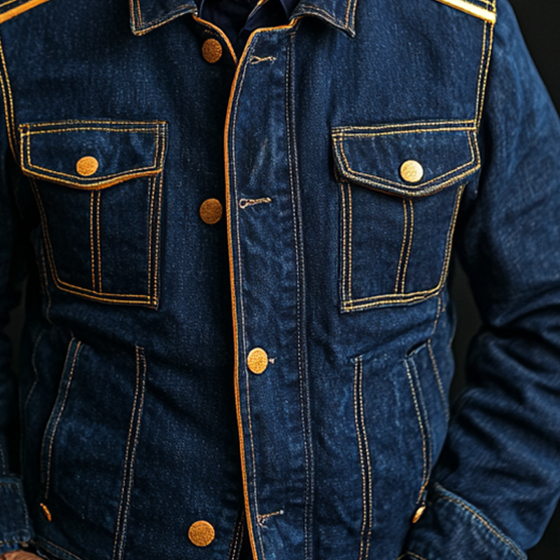 Men's Vintage Washed Navy Multi-Pocket Denim Jacket MTA2411G7X