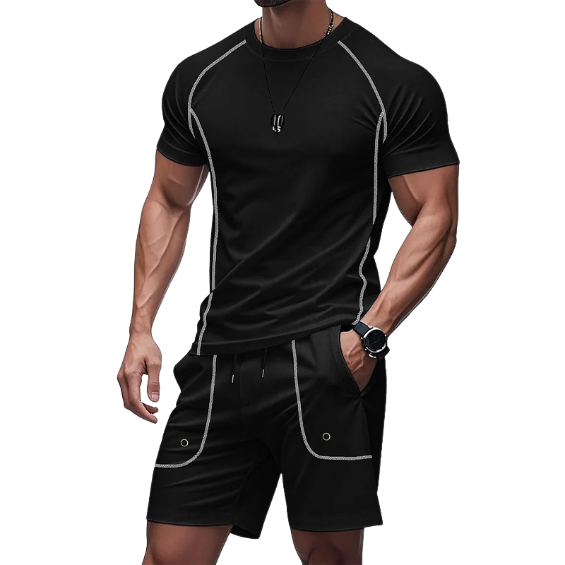 Men's Casual Solid Color Embroidered Short-sleeved Shorts Set MTA1761G7U