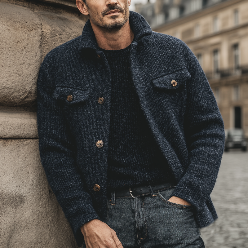 Men's Retro Navy Blue Stand Collar Button Knit Cardigan MTA3194J2U