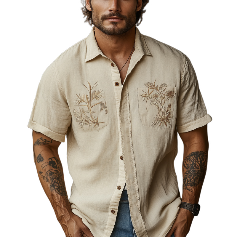 Men's Casual Khaki Tencel Vintage Embroidery Short Sleeve Shirt 44772086U