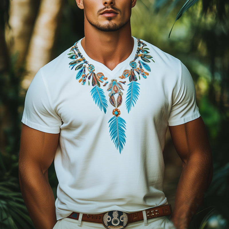 Men's Summer Indian Style Embroidered Short Sleeve T-Shirt MTA1015E2U