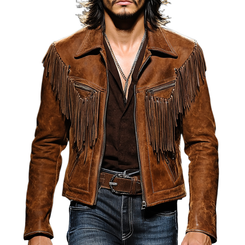Men's Vintage Solid Color Tassel Western Denim Jacket MTA2883H5X