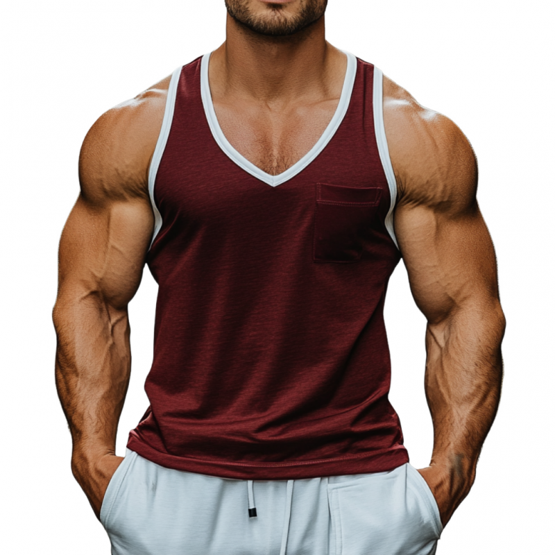 Men's Casual Colorblock Breathable Cotton V-Neck Patch Pocket Slim Tank Top MTA0675E5M