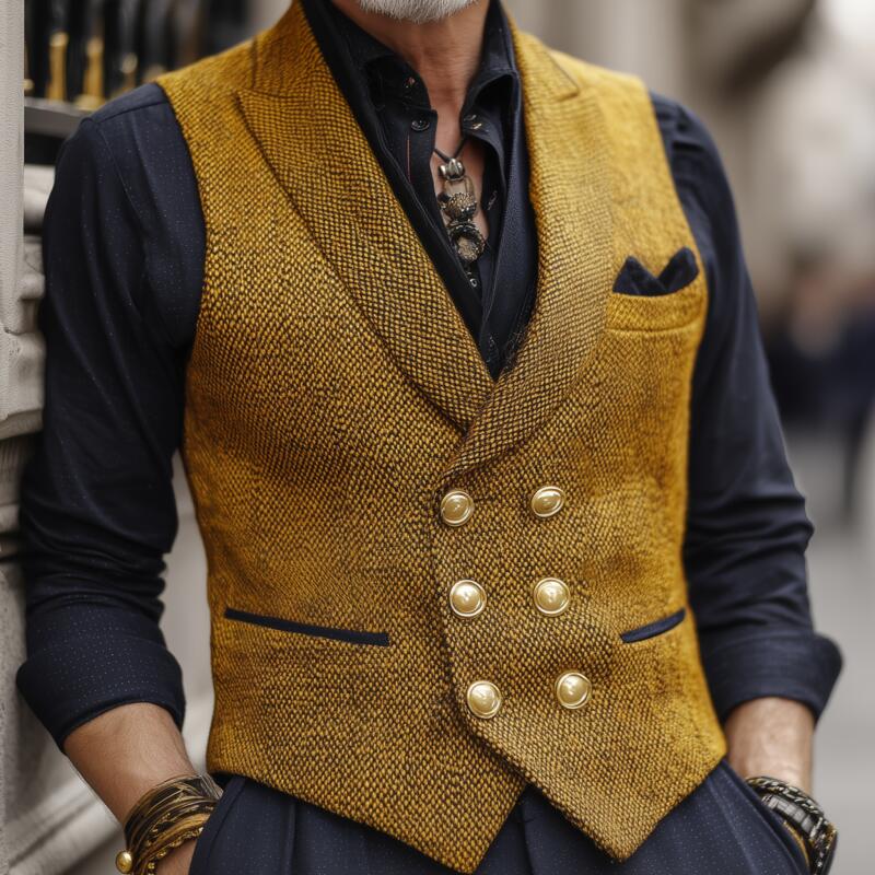 Men's Vintage Tweed Peak Lapel Double-Breasted Slim-Fit Suit Vest MTA2774H1M