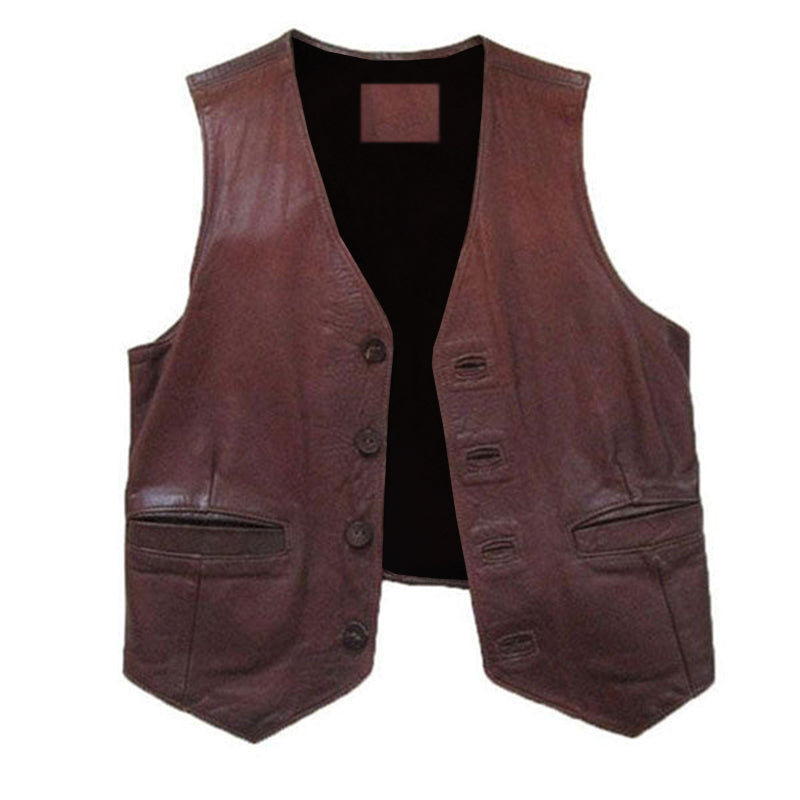 VINTAGE ANNI '60-'70 PELLE ARTIGIANALE HEIGHTS PROVINCETOWN UOMOS GILET MARRONE