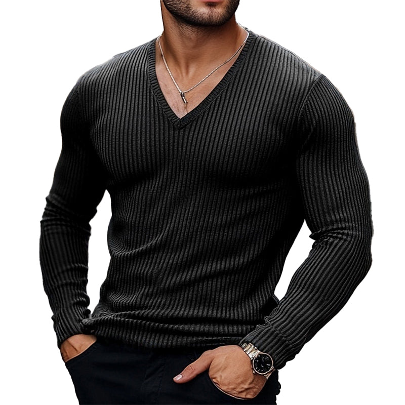 Men's Striped V-neck Knitted Long Sleeve T-shirt 51729687X