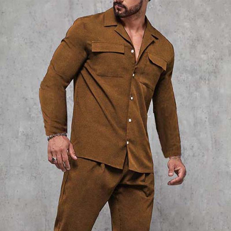 Men's Classic Casual Slim Fit Multi-Pocket Long Sleeve Shirt Elastic Waist Casual Pants Suede Set 00630283K