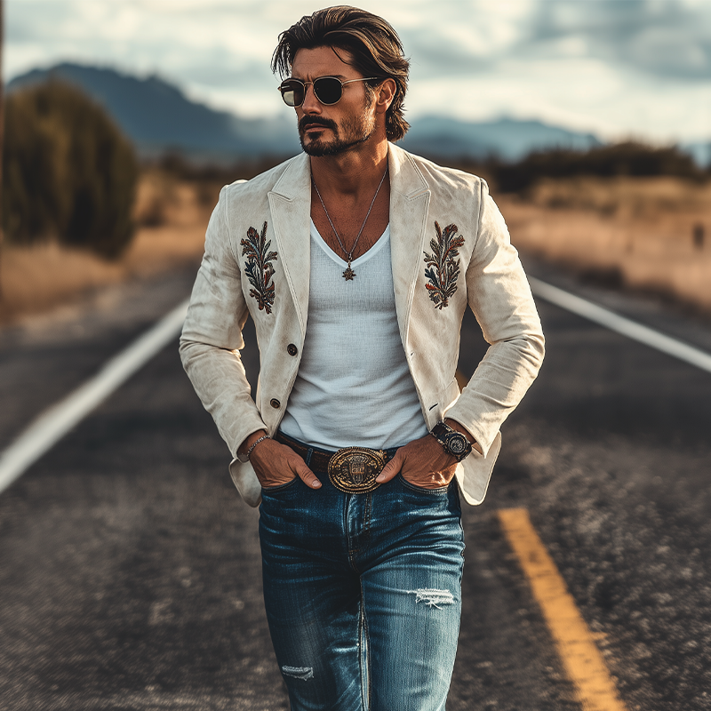 Men's Fashion Spring and Summer American Western Style Suede Embroidered Blazer 06689799K