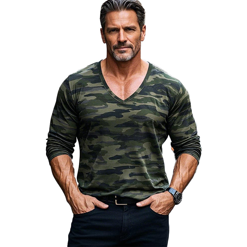 Men's Camouflage Print V-Neck Long Sleeve T-Shirt 56103665X