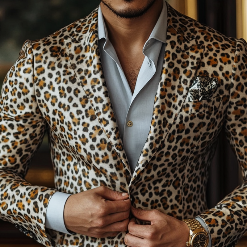 Herremote Leopard Satin Peak Lapel Blazer med to knapper 46728372Z