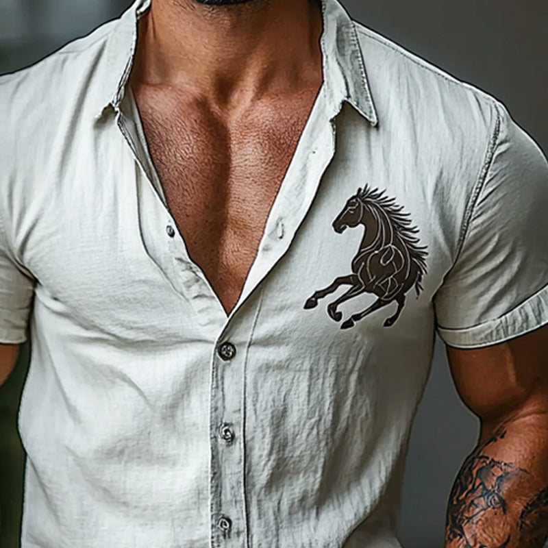 Men's Horse Print Lapel Short Sleeve Shirt 96798022X