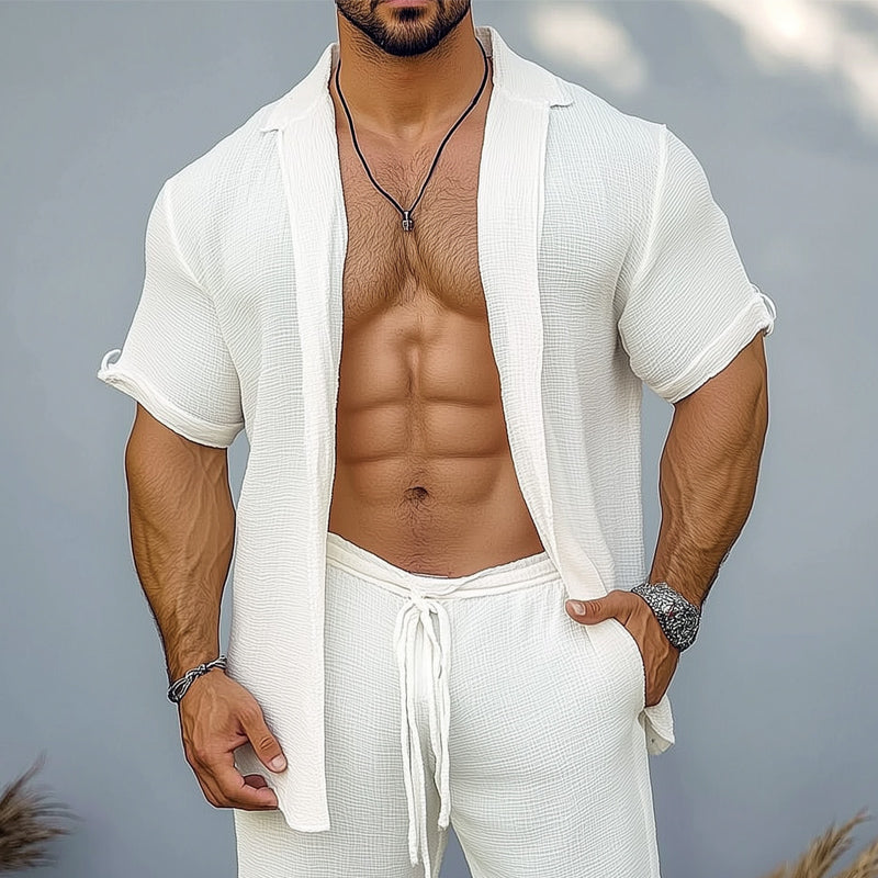 Men's Casual White Textured Short-sleeved Shirt 33372468U