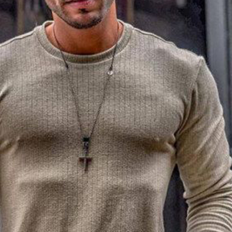 Men's Crew Neck Striped Knitted Long Sleeve T-shirt 53848923X