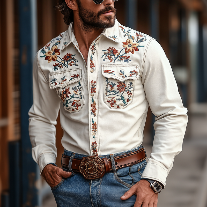 Men's Western Cowboy Style Embroidered Lapel Chest Pocket Long Sleeve Cotton Shirt 18612126Z