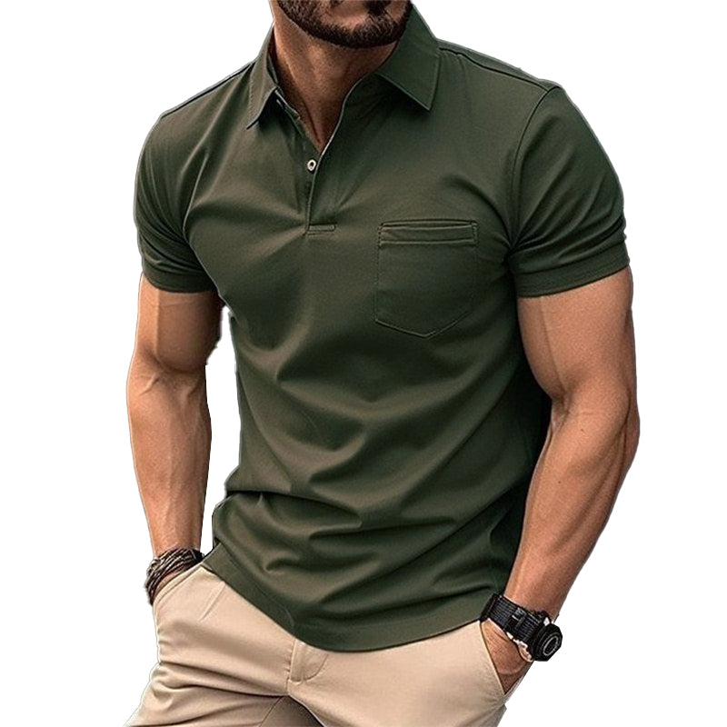 Camisa tipo polo deportiva de manga corta con solapa y bolsillo con botones en color liso para hombre 23463175X