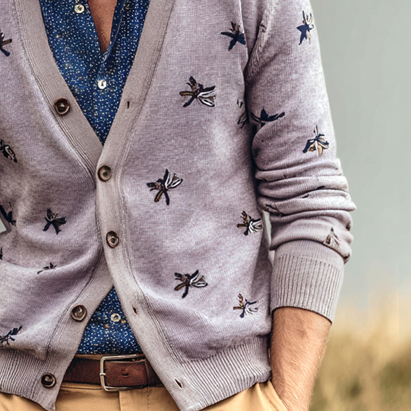Men's Dragonfly Embroidery V Neck Single Breasted Knit Cardigan MTA1125I1Z