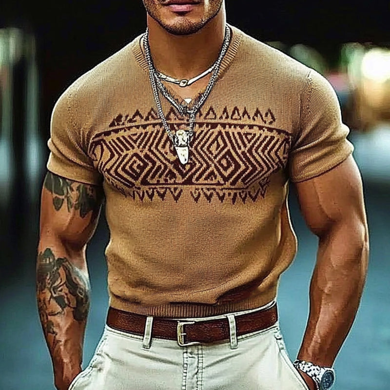 Men's Knitted V-neck Jacquard Short-sleeved T-shirt 93358887X