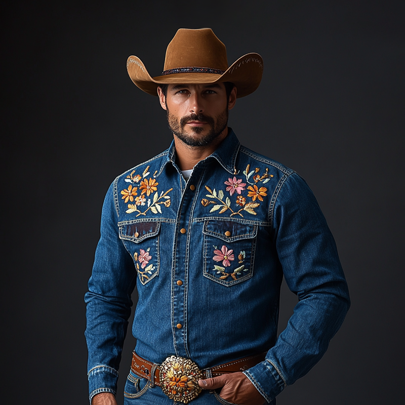 Men's Western Cowboy Style Embroidered Lapel Chest Pocket Long Sleeve Denim Shirt 10549958Z