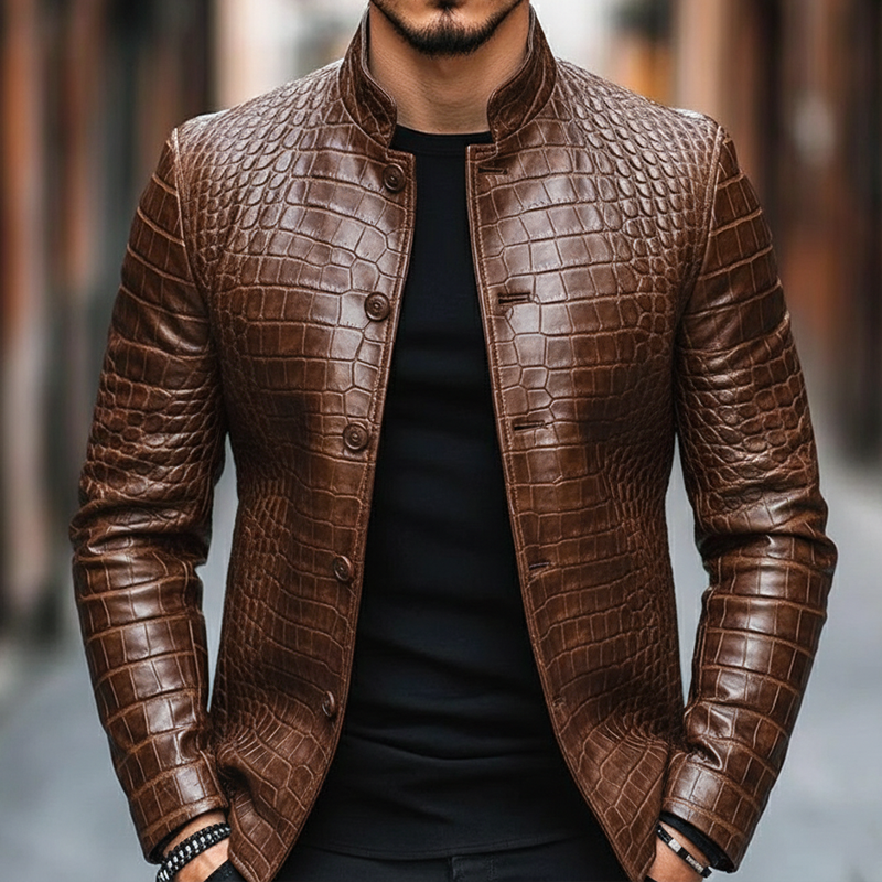 Men's Vintage Casual Crocodile Print Faux Leather Stand Collar Jacket MTA2443I5TO