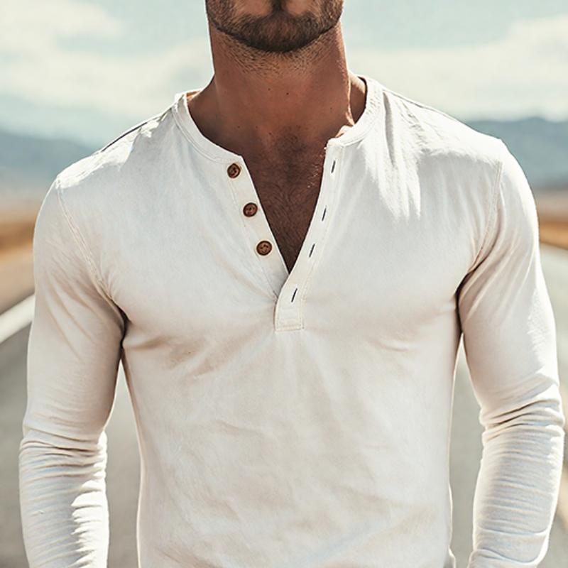 Men's Spring And Summer Fashion Casual Thin Suede Henry Collar Slim Fit Long Sleeve T-shirt MTA1755G1K